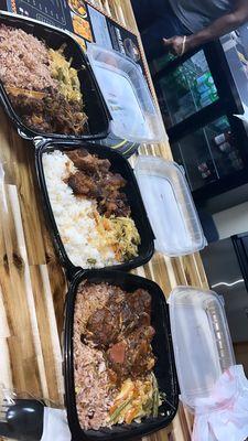 oxtail, steamed fish, brown stew chicken, salt fish fritters
