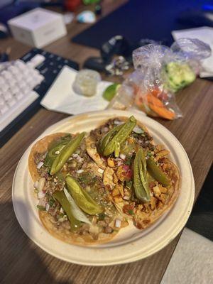 2 cabeza tacos, 1 carne asada taco, 1 pollo al pastor taco