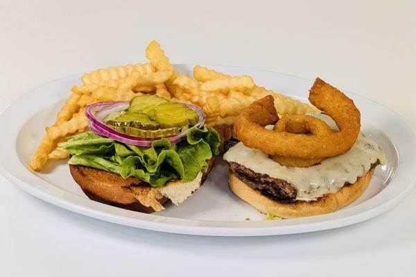 McGinn burger topped with two crispy onion rings