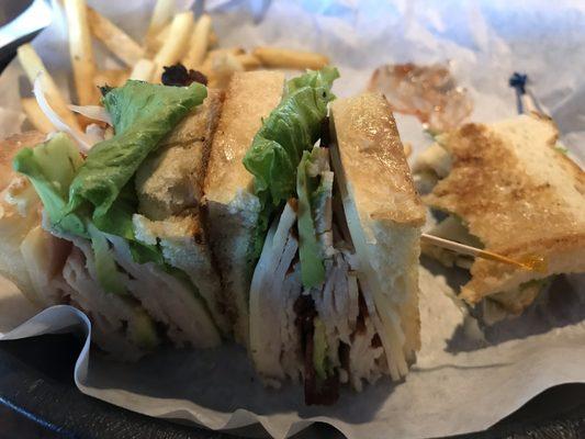 Club sandwich all Turkey no ham no tomatoes added avo.