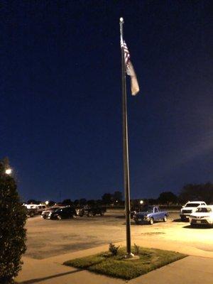 Flagpole front and center