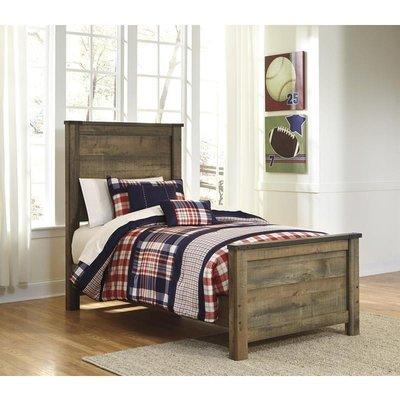 Twin size panel bed with rustic plank wood design.
