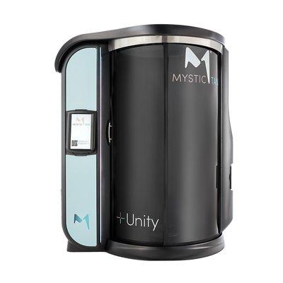Mystic Unity Spray Tanning. 12 shades, bronzers, scents, no orange tones, moisturizing treatment.