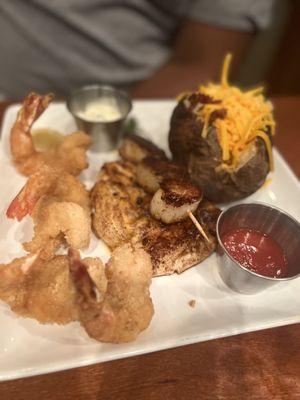 Snapper, shrimp, and loaded baked potato