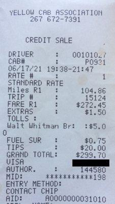 The NJ toll according to the receipt given to me after the ride was actually $5, yet the driver tried to hustle me out of $56 for that toll.
