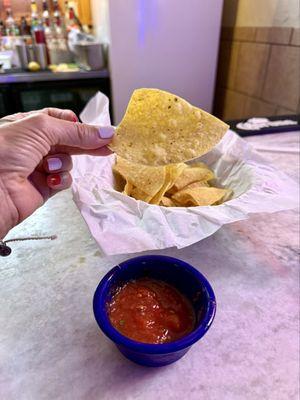 Chips and salsa. The chips are huge.
