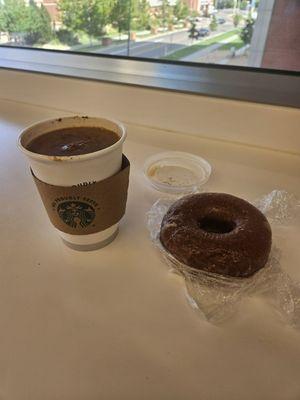 My Starbucks coffee with cinnamon and glazed donut