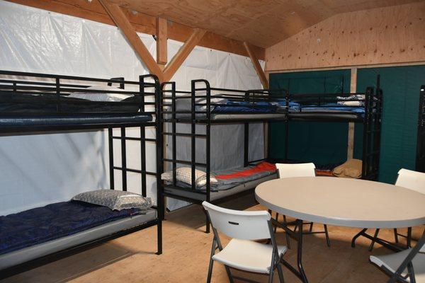 Inside a tent-cabin