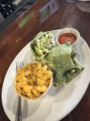 AMAZING mac-n-cheese. Yummy chicken wrap.