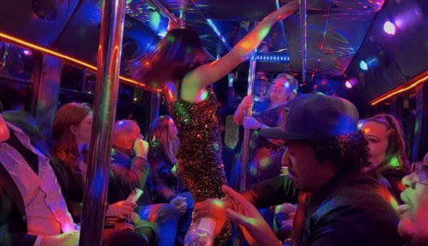 Party bus for the 20 of us. Connected to the sound system via Bluetooth.