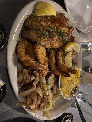 The Conductor's Choice with blackened drum and fried oysters and shrimp