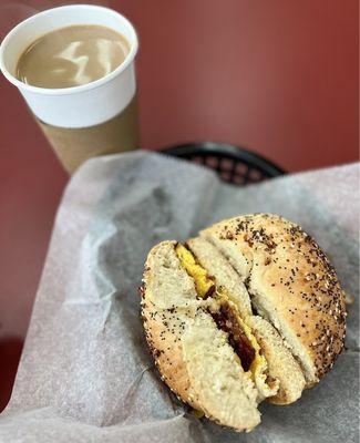 Bacon, egg, and cheese bagel w/ Colombian coffee