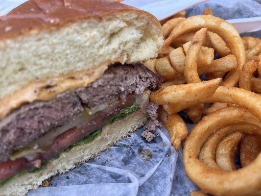 Cheese burger with American and the works