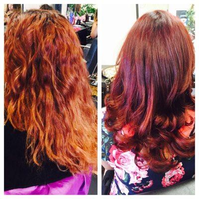 All over color on this clients washed out hair. Then cut and style by Dev.