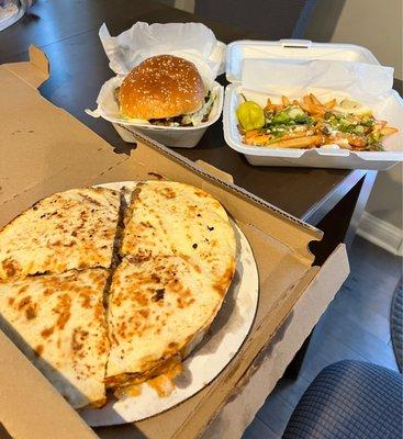 Zeus Athens Single Burger, Greek Style Quesadilla, Greek Style Fries