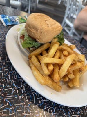 Boys Town burger with fries, all the toppings (lettuce, tomato, onion, pickle)