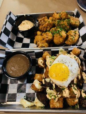 Buffalo cauliflower and poutine with an egg added