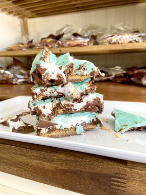 Robin's Egg Brst bar filled with marshmallow cream, whipped chocolate ganache and graham cracker crust