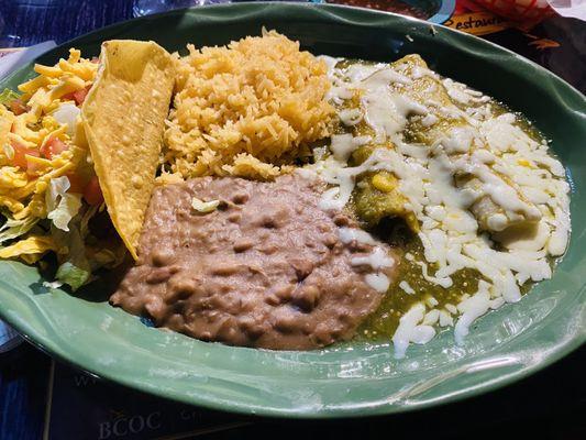 Anita's plate, with Chicken Enchilada Verdes. Homemade crispy taco. Delicious