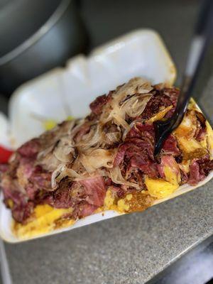 Pastrami Chili cheese fry with grilled onions