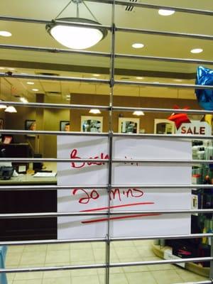 "Be back in 20 mins" twenty minutes from when??