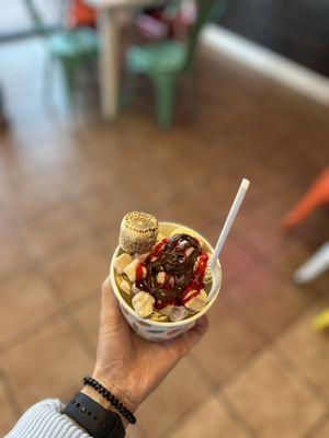 21. Kesar Pistachio Ice Cream Roll with toasted marshmallows, chocolate and strawberry drizzle, and mochi