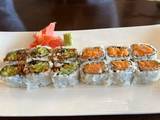 Eel with Cucumber Roll and Spicy Salmon Roll