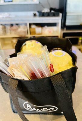 Buy 4 get a free bag. I got 2 avocado and 2 Vietnamese Coffee blended. Reuse your bag the next time and receive a discount.