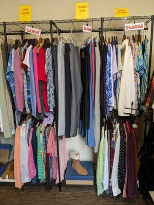 We have sizes from 4 to 24. And a selection of unisex clothing - sweats, joggers, t-shirts, etc.