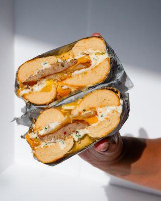 The Franky Link! (Double Sausage Link, Melted Cheddar, Chive Schmear, Egg, Hashbrown, on your Choice of Bagel)
