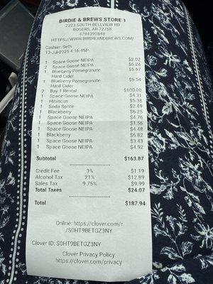 This is our receipt...$187 for a couple beers and a horrible time...