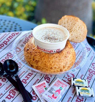 New England Clam Chowder Sourdough Bowl | $8.95 (three tables outside)