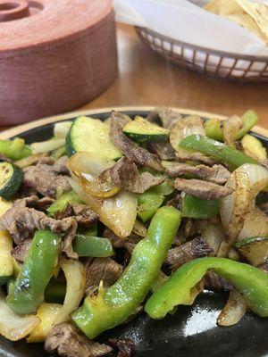 Bell peppers, onions, squash & steak only.