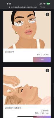 Lash lift and lash extensions prices above