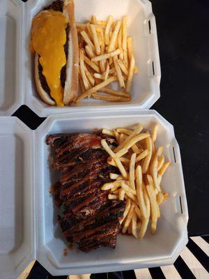 Full rack of ribs and chili cheese dog.