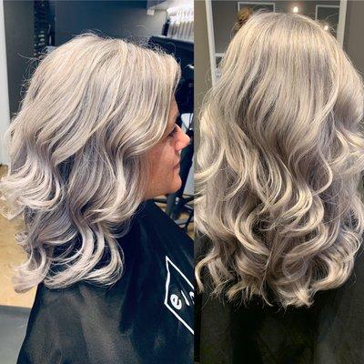 Platinum highlights on natural grey base! Stunning! Color, Cut/Style by GWEN