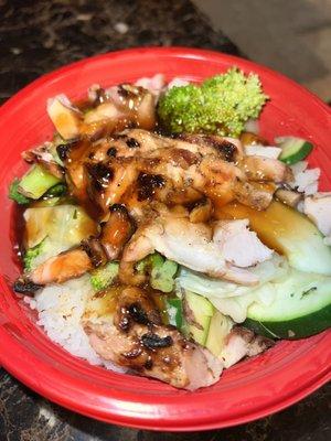 Chicken teriyaki bowl with white rice.