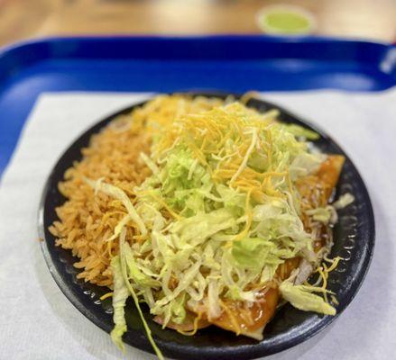 Thursday, special two beef enchiladas with rice and beans and a drink