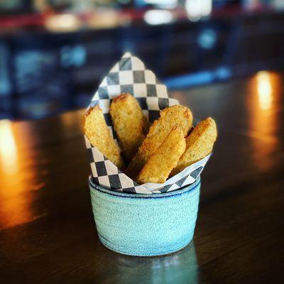 Deep Fried pickle spears. Highly recommend with remoulade.