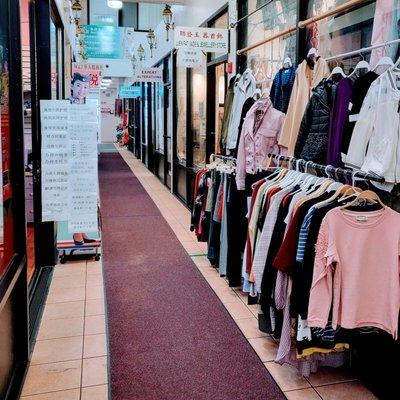 Amidst a groups of shops.