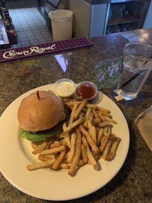 Mushroom & Swiss Burger, regular fries on the side ~$18 (Aug 2025)