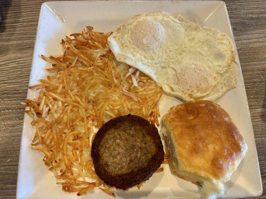 2 egg breakfast with sausage and biscuit