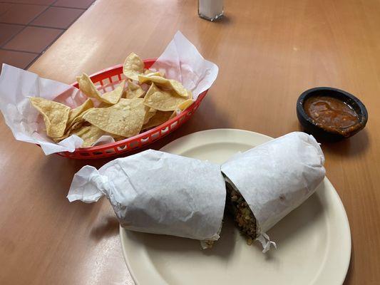 Carne asada burrito chips and salsa