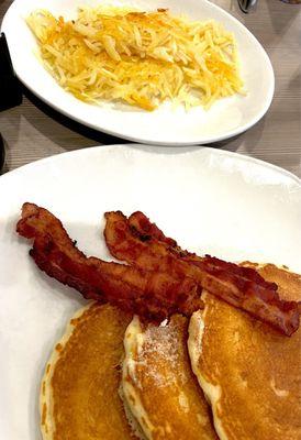 Pancakes, bacon, Hash Browns