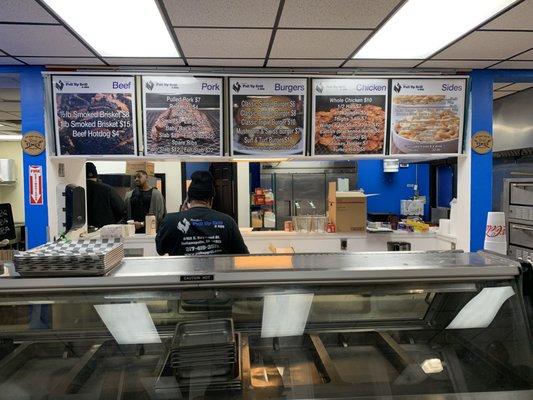 Serving Brisket, Pork, Chicken, Burgers, Turkey Ribs and all the sides to make it a meal. YUM!