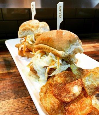 Faux Boy Sliders. Cornmeal dusted tofu fillets, southern coleslaw, district tartar.