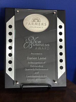New Business Award from Farmers, that is only presented to the companies top agents.