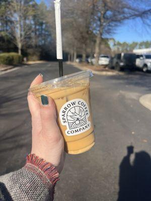 Small iced frosted hazelnut latte