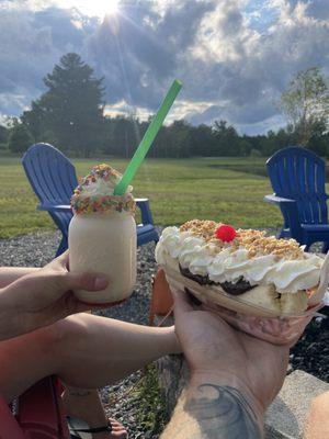 Banana split, fruity pebbles frappe, and a view