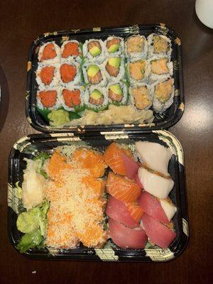 Spicy tuna, salmon, avocado, spicy yellowtail scallion, sunshine roll, and beauty and the beast
